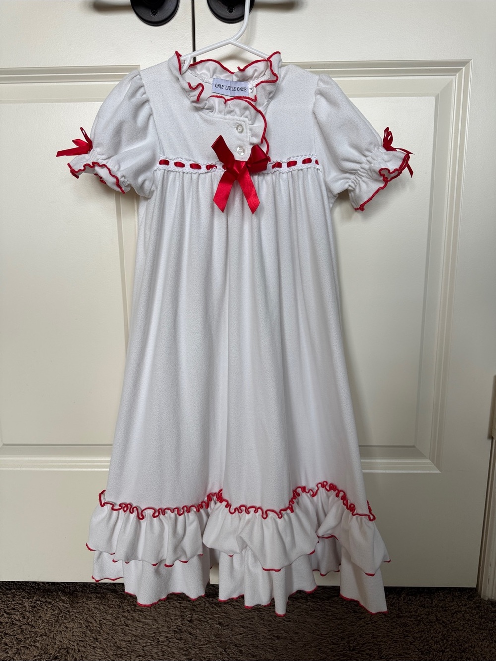 White Nightgown with Red Trim and Bow - Girls